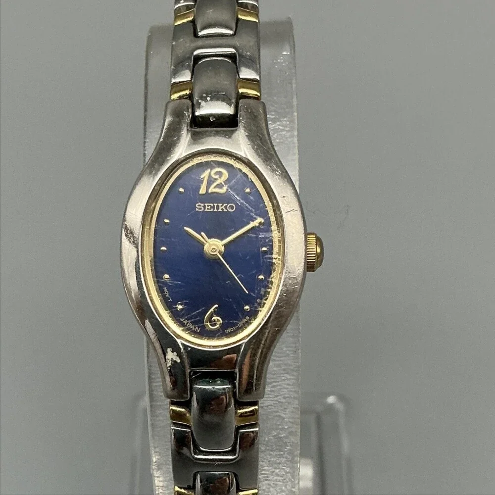 Seiko Womens Watch 17mm Blue Oval Dial Two Tone 1N01-0CT0 New Battery 7.5